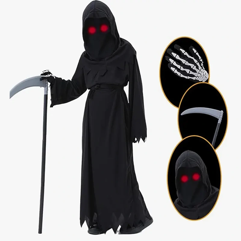 ถ่ายภาพวันฮาโลวีน Cool Black Kids Grim Reaper Robe